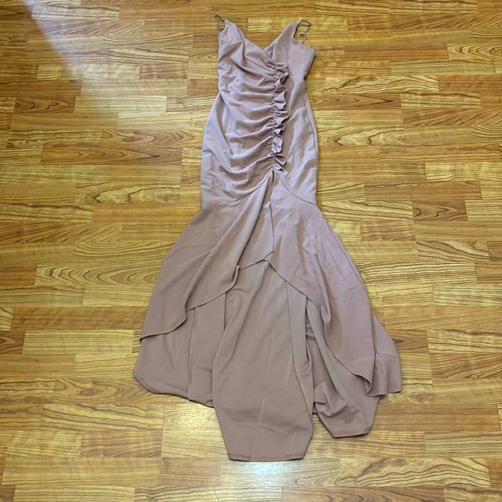 Mauve midi dress with wrap around ruffles. Spaghetti strap. Salsa dress.